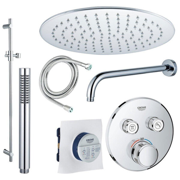 GROHE Grohtherm Regendoucheset opbouw - hoofddouche 20 cm - 2 functies - handdouche staaf 1 stand -wandarm - glijstang 90 cm - chroom sw105953 SW104917  SW696254 SW496810 SW767373 SW76