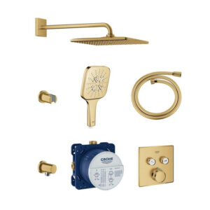 grohe grohtherm smartcontrol regendoucheset inbouw hoofddouche vierkant 31cm handdouche vierkant wandarm geborsteld cool sunrise sw542801