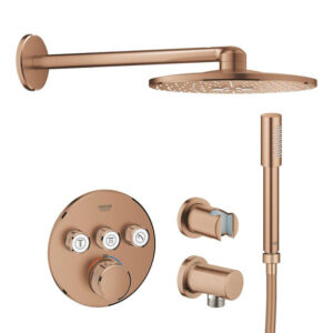 grohe grohtherm smartcontrol regendoucheset inbouw inbouwboxen hoofddouche rond staafhanddouche geborsteld warm sunrise sw909599