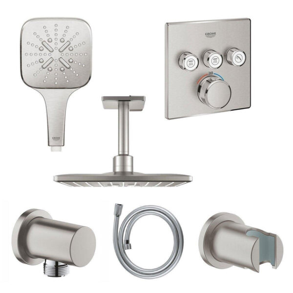 GROHE Rainshower Smartactive Regendoucheset Opbouw -hoofddouche vierkant 31cm - handdouche vierkant - plafondarm - inbouwbox - geborsteld supersteel SW73271/sw73277/sw73279/sw484554/sw105953/sw108085