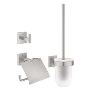 grohe start cube accessoiresset 3 in 1 closetrolhouder met klep handdoekhaak met closetborstelgarnituur met glazen inzet supersteel sw878365