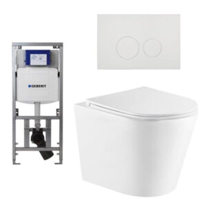 QeramiQ Dely Toiletset - 36.3x51.7cm - diepspoel - rimless - Geberit UP320 inbouwreservoir - softclose toiletzitting - glans witte bedieningsplaat - ronde knoppen - wit glans SW543431/0701131/SW706186