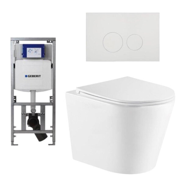 QeramiQ Dely Toiletset - 36.3x51.7cm - diepspoel - rimless - Geberit UP320 inbouwreservoir - softclose toiletzitting - glans witte bedieningsplaat - ronde knoppen - wit glans SW543431/0701131/SW706186