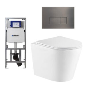 QeramiQ Dely Toiletset - 36.3x51.7cm - diepspoel - rimless - Geberit UP320 inbouwreservoir - softclose toiletzitting - gunmetal bedieningsplaat - rechtehoekige knoppen - wit glans SW543431/0701131/SW706199