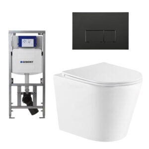 QeramiQ Dely Toiletset - 36.3x51.7cm - diepspoel - rimless - Geberit UP320 inbouwreservoir - softclose toiletzitting - mat zwarte bedieningsplaat - rechtehoekige knoppen - wit glans SW543431/0701131/SW706189