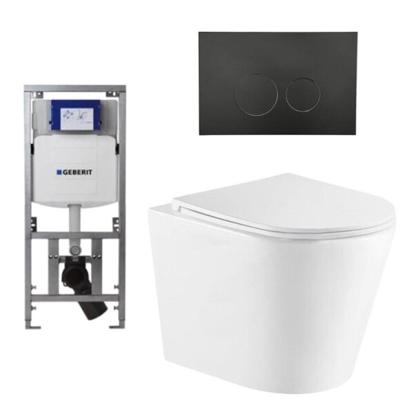 QeramiQ Dely Toiletset - 36.3x51.7cm - diepspoel - rimless - Geberit UP320 inbouwreservoir - softclose toiletzitting - mat zwarte bedieningsplaat - ronde knoppen - wit glans SW543431/0701131/SW706188