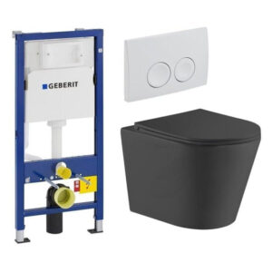 QeramiQ Dely Toiletset - Geberit UP100 inbouwreservoir - witte bedieningsplaat - toilet - zitting - mat zwart SW730486/0701174/SW543433