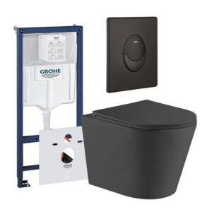 qeramiq dely toiletset grohe inbouwreservoir mat zwarte bedieningsplaat ovaal toilet zitting mat zwart sw656915