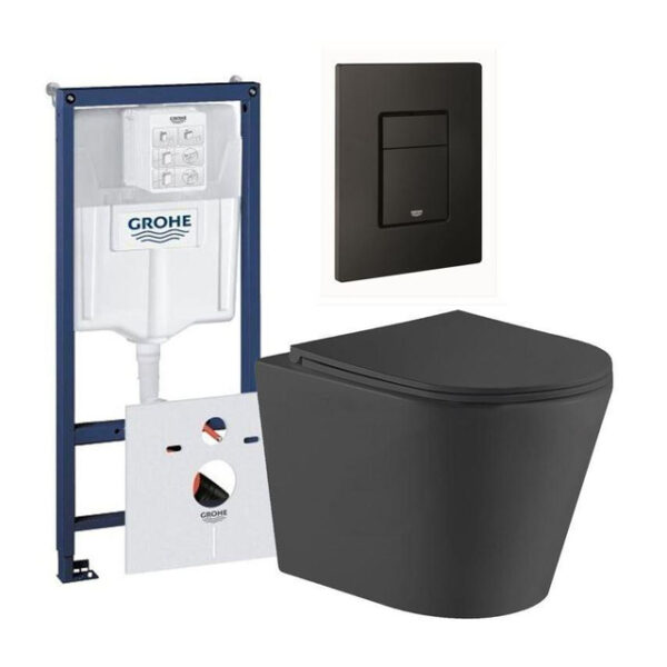 QeramiQ Dely Toiletset - Grohe inbouwreservoir - mat zwarte bedieningsplaat - rechthoek toilet - zitting - mat zwart 0729205/sw543433/sw656727/