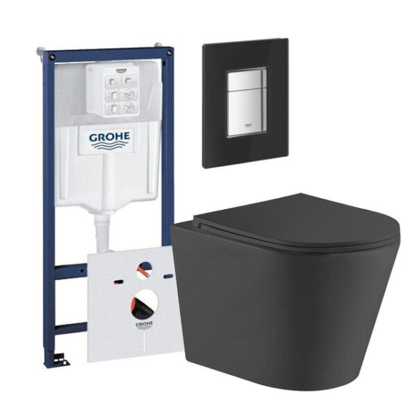 QeramiQ Dely Toiletset - Grohe inbouwreservoir - zwart glazen bedieningsplaat - toilet - zitting - mat zwart 0729205/0729166/sw543433/