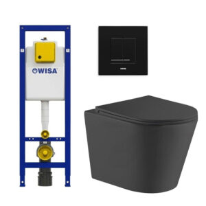 QeramiQ Dely Toiletset - Wisa inbouwreservoir - zwarte bedieningsplaat - toilet - zitting - mat zwart 0704408/SW727152/sw543433