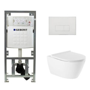 QeramiQ Salina Toiletset - rimless - Geberit inbouwreservoir - diepspoel wandcloset - softclose - quickrelease - bedieningspaneel met rechthoekige knoppen - glans wit 0701131/SW96855/SW96857/SW706187