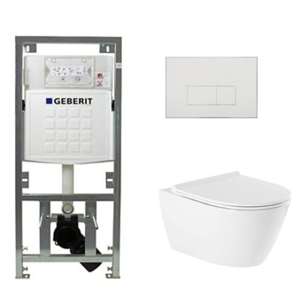 QeramiQ Salina Toiletset - rimless - Geberit inbouwreservoir - diepspoel wandcloset - softclose - quickrelease - bedieningspaneel met rechthoekige knoppen - glans wit 0701131/SW96855/SW96857/SW706187