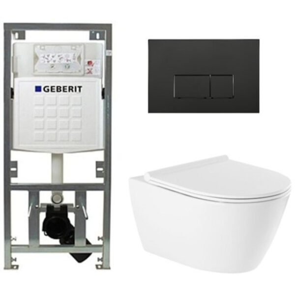 QeramiQ Salina Toiletset - rimless - Geberit inbouwreservoir - diepspoel wandcloset - softclose - quickrelease - bedieningspaneel met rechthoekige knoppen - mat zwart - wit 0701131/SW706189/sw96855/sw96857/