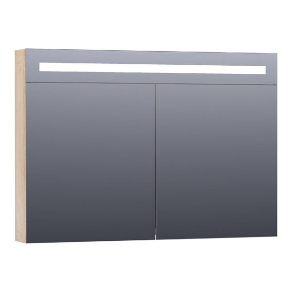 saniclass double face spiegelkast 100x70x15cm verlichting geintegreerd 2 links rechtsdraaiende spiegeldeur mfc sahara sw371698