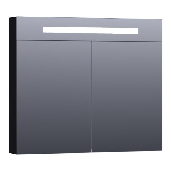 Saniclass Double Face Spiegelkast - 80x70x15cm - verlichting - geintegreerd - 2 links- rechtsdraaiende spiegeldeur - MDF - mat zwart 7364