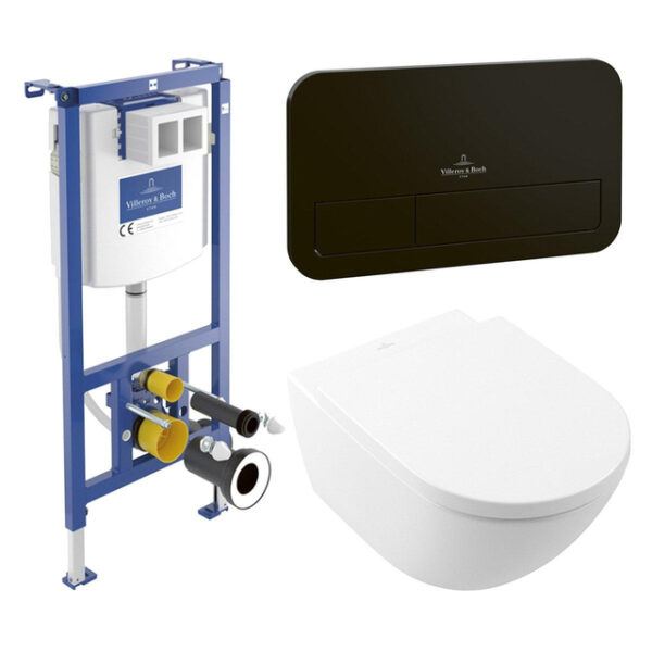 Villeroy & Boch Subway 3.0 Toiletset - zonder spoelrand - diepspoel - inbouwreservoir - twistflush - bedieningsplaat zwart mat - zitting softclose & quickrelease - ceramic+ stone white 92242700 / 922490AN / 4670T0RW