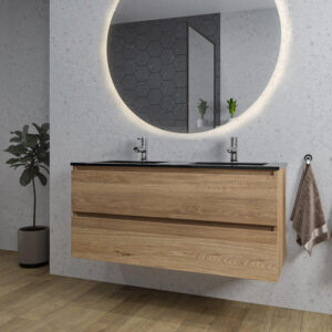 Adema Chaci Badkamermeubelset - 120x46x57cm - 2 keramische wasbakken zwart - 2 kraangaten - 2 lades - ronde spiegel met verlichting - eiken SW718703/SW761657/SW161923