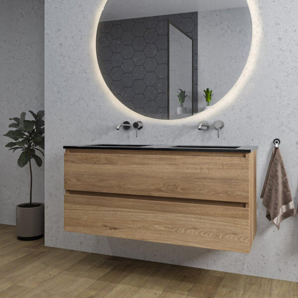 Adema Chaci Badkamermeubelset - 120x46x57cm - 2 keramische wasbakken zwart - zonder kraangaten - 2 lades - ronde spiegel met verlichting - eiken SW718703/SW773933/SW161923