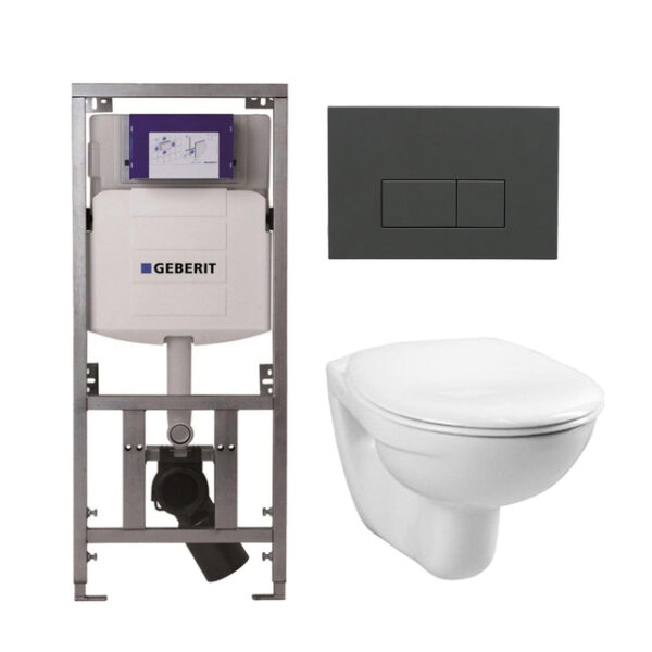 Adema Classico Toiletset - inbouwreservoir -toiletpot -basic toiletzitting - bedieningsplaat rechthoekige knoppen antraciet mat - wit 4345100/0261520/SW1102377/0701131