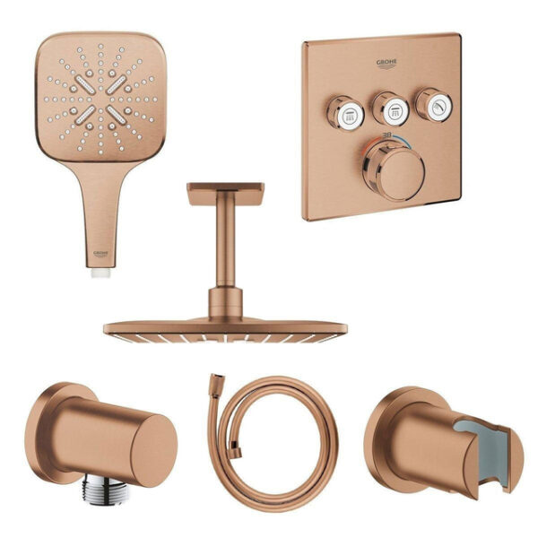 GROHE Rainshower Smartactive Regendoucheset Opbouw -hoofddouche vierkant 31cm - handdouche vierkant - plafondarm - inbouwbox - brushed warm sunset sw98895/sw98903/sw105953/sw108085/sw116322/sw43912