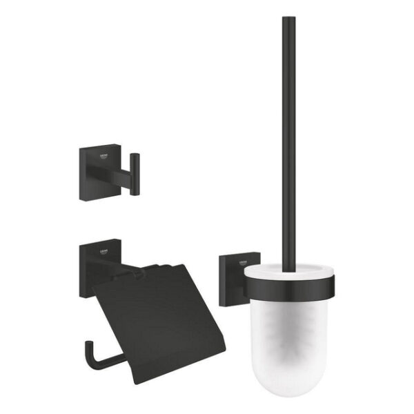 GROHE Start Cube QuickFix Toilet Accessoireset 3-delig - toiletrolhouder - met klep - handdoekhaak - toiletborstel - met glazen houder - matte black 411232430