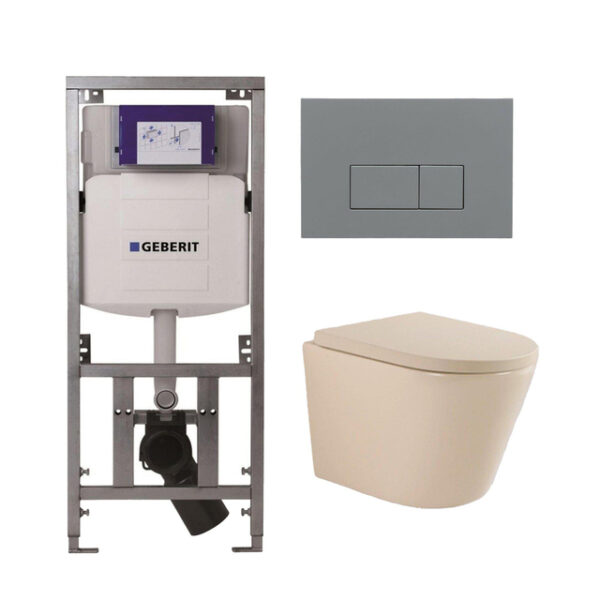 QeramiQ Dely Swirl Toiletset - 36.3x51.7cm - Geberit UP320 inbouwreservoir - 35 mm zitting - bedieningsplaat licht grijs - rechthoekige knoppen - beige 0701131/SW1102375/SW1000771/SW1026259