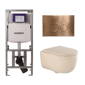 QeramiQ Dely Swirl Toiletset - 36.3x51.7cm - Geberit UP320 inbouwreservoir - 35mm zitting - koperen bedieningsplaat - ronde knoppen - beige 0701131/SW706196/SW1000771/SW1026259