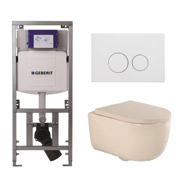 QeramiQ Dely Swirl Toiletset - 36.3x51.7cm - Geberit UP320 inbouwreservoir - 35mm zitting - mat witte metalen bedieningsplaat - ronde knoppen - beige 0701131/SW706190/SW1000771/SW1026259