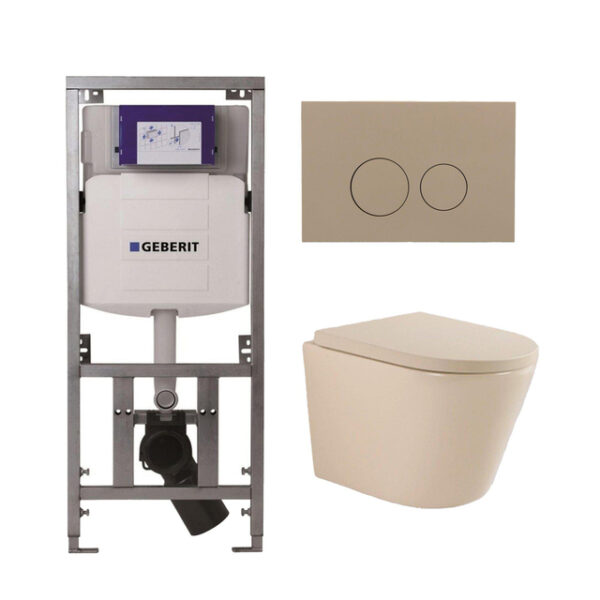 QeramiQ Dely Swirl Toiletset - 36.3x51.7cm - Geberit UP320 inbouwreservoir - slim zitting - bedieningsplaat taupe - ronde knoppen - beige 0701131/SW1102378/SW1000770/SW1026259