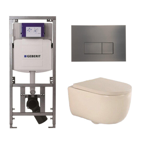 QeramiQ Dely Swirl Toiletset - 36.3x51.7cm - Geberit UP320 inbouwreservoir - slim zitting - gunmetal bedieningsplaat - rechthoekige knoppen - beige 0701131/SW706199/SW1000770/SW1026259