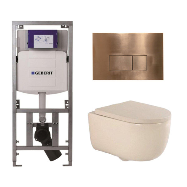 QeramiQ Dely Swirl Toiletset - 36.3x51.7cm - Geberit UP320 inbouwreservoir - slim zitting - koperen bedieningsplaat - rechthoekige knoppen - beige 0701131/SW706197/SW1000770/SW1026259