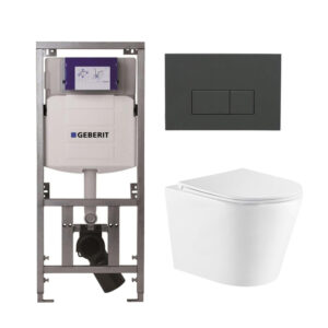 QeramiQ Dely Toiletset - 36.3x51.7cm - diepspoel - rimless - Geberit UP320 inbouwreservoir - softclose toiletzitting - bedieningsplaat antraciet mat - rechtehoekige knoppen - wit glans SW543431/0701131/SW1102377