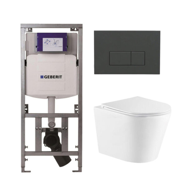 QeramiQ Dely Toiletset - 36.3x51.7cm - diepspoel - rimless - Geberit UP320 inbouwreservoir - softclose toiletzitting - bedieningsplaat antraciet mat - rechthoekige knoppen - wit mat SW543432/0701131/SW1102377