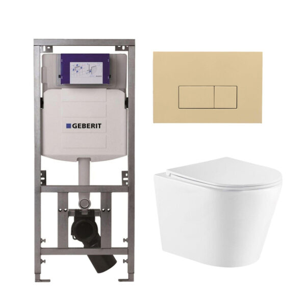 QeramiQ Dely Toiletset - 36.3x51.7cm - diepspoel - rimless - Geberit UP320 inbouwreservoir - softclose toiletzitting - bedieningsplaat beige - rechtehoekige knoppen - wit glans SW543431/0701131/SW1102366