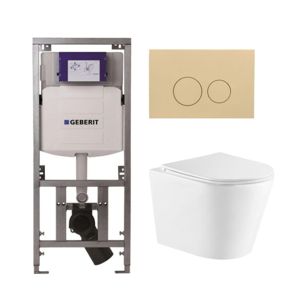 QeramiQ Dely Toiletset - 36.3x51.7cm - diepspoel - rimless - Geberit UP320 inbouwreservoir - softclose toiletzitting - bedieningsplaat beige - ronde knoppen - wit glans SW543431/0701131/SW1102365