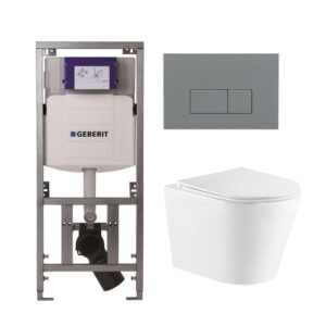 QeramiQ Dely Toiletset - 36.3x51.7cm - diepspoel - rimless - Geberit UP320 inbouwreservoir - softclose toiletzitting - bedieningsplaat licht grijs - rechtehoekige knoppen - wit glans SW543431/0701131/SW1102375