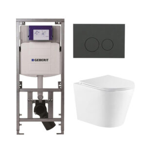 QeramiQ Dely Toiletset - 36.3x51.7cm - diepspoel - rimless - Geberit UP320 inbouwreservoir - softclose toiletzitting - bedieningsplaat mat antraciet - ronde knoppen - wit glans SW543431/0701131/SW1102376