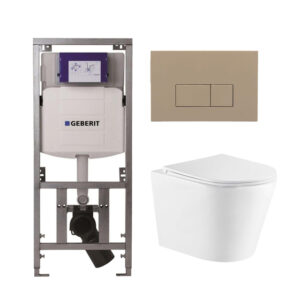 QeramiQ Dely Toiletset - 36.3x51.7cm - diepspoel - rimless - Geberit UP320 inbouwreservoir - softclose toiletzitting - bedieningsplaat taupe - rechtehoekige knoppen - wit glans SW543431/0701131/SW1102379