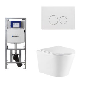 QeramiQ Dely Toiletset - 36.3x51.7cm - diepspoel - rimless - Geberit UP320 inbouwreservoir - softclose toiletzitting - mat witte bedieningsplaat - ronde knoppen - wit glans SW543431/0701131/SW706190