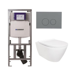 QeramiQ Salina Toiletset - rimless - Geberit inbouwreservoir - diepspoel wandcloset - softclose - quickrelease - bedieningsplaat licht grijs - ronde knoppen - wit 0701131/SW96855/SW96857/SW1102374