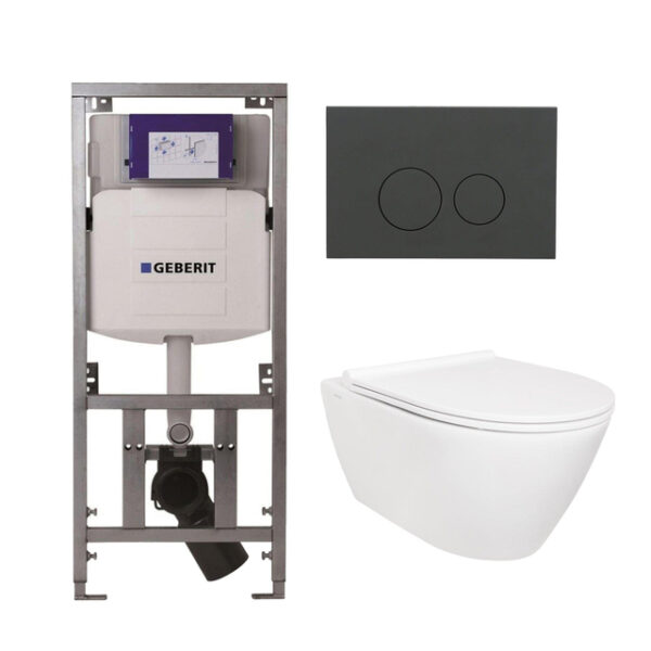 QeramiQ Salina Toiletset - rimless - Geberit inbouwreservoir - diepspoel wandcloset - softclose - quickrelease - bedieningsplaat mat antraciet - ronde knoppen - wit 0701131/SW96855/SW96857/SW1102376