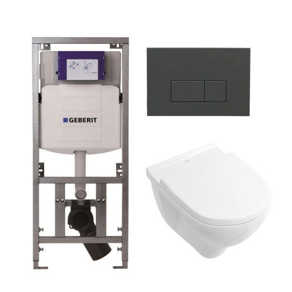 Villeroy & Boch O.novo Toiletset - Geberit inbouwreservoir - diepspoel wandcloset - softclose - bedieningsplaat bedieningsplaat antraciet mat - rechthoekige knoppen - wit 0701131/0124124/0124182/SW1102377