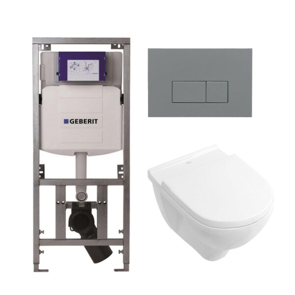 Villeroy & Boch O.novo Toiletset - Geberit inbouwreservoir - diepspoel wandcloset - softclose - bedieningsplaat bedieningsplaat licht grijs - rechthoekige knoppen - wit 0701131/0124124/0124182/SW1102375