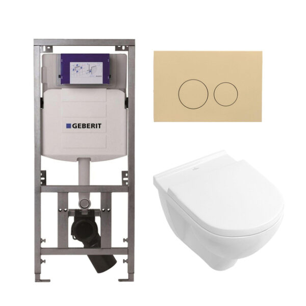 Villeroy & Boch O.novo toiletset met Geberit inbouwreservoir met diepspoel wandcloset wit soft close zitting en bedieningsplaat beige met ronde knoppen wit 0701131/0124124/0124182/SW1102365/