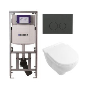 Villeroy & Boch O.novo toiletset met Geberit inbouwreservoir met diepspoel wandcloset wit soft close zitting en bedieningsplaat mat antraciet met ronde knoppen wit 0701131/0124124/0124182/SW1102376/