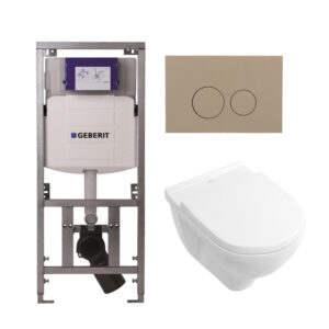 Villeroy & Boch O.novo toiletset met Geberit inbouwreservoir met diepspoel wandcloset wit soft close zitting en bedieningsplaat taupe met ronde knoppen wit 0701131/0124124/0124182/SW1102378/