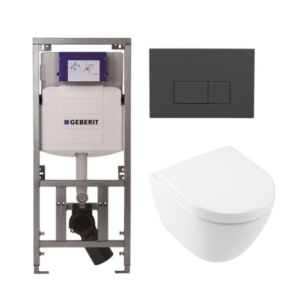 Villeroy & Boch Subway 2.0 compact DirectFlush Toiletset - Geberit reservoir - softclose - quickrelease - bedieningsplaat bedieningsplaat antraciet mat - rechthoekige knoppen - wit 0701131/1024232/SW1102377/1025456/