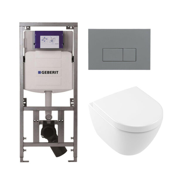 Villeroy & Boch Subway 2.0 compact DirectFlush Toiletset - Geberit reservoir - softclose - quickrelease - bedieningsplaat bedieningsplaat licht grijs - rechthoekige knoppen - wit 0701131/1024232/SW1102375/1025456/