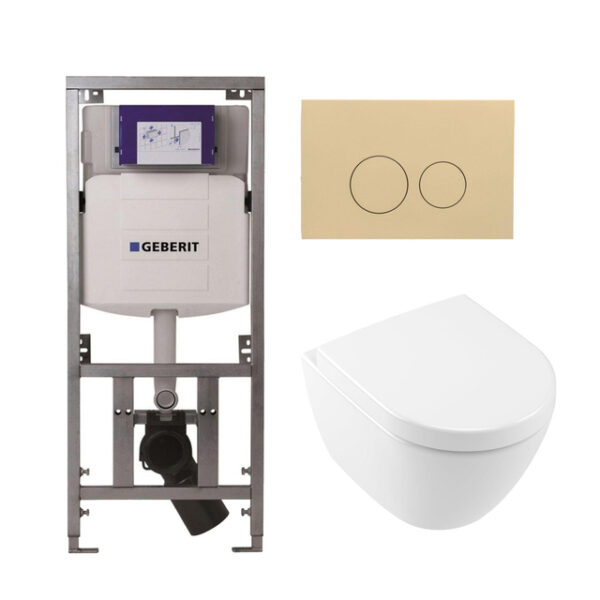 Villeroy & Boch Subway 2.0 Compact DirectFlush Toiletset - Geberit reservoir - softclose - quickrelease - bedieningsplaat beige - ronde knoppen - wit 0701131/1024232/SW1102365/1025456/